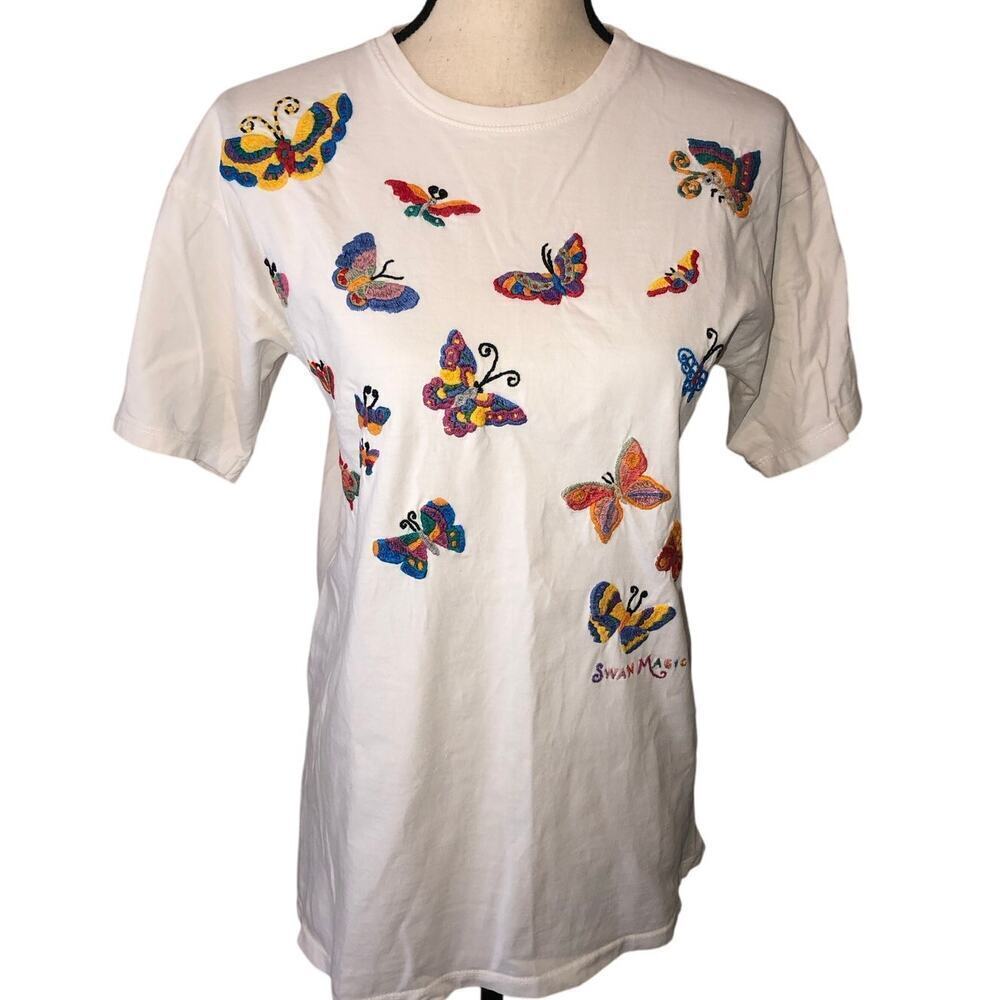 Swan Magic Embroidered Butterflies Shirt Tee 1994 Size S Vintage Cotton White